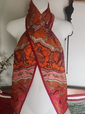 Vibrant Orange Paisley Oblong Silk Scarf